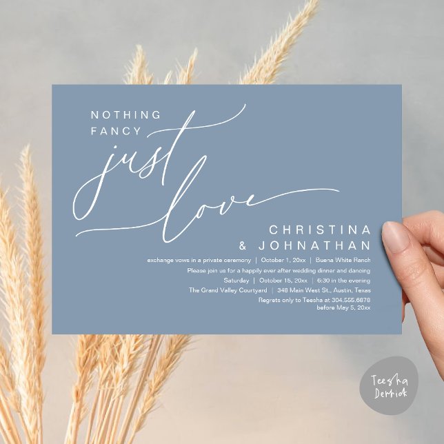 Inget Finare precis Kärlek Bröllop-middagen Party Inbjudningar (Nothing Fancy Just Love Modern Romantic Wedding Dinner Lunch Brunch Party Invites Card Dusty Blue)