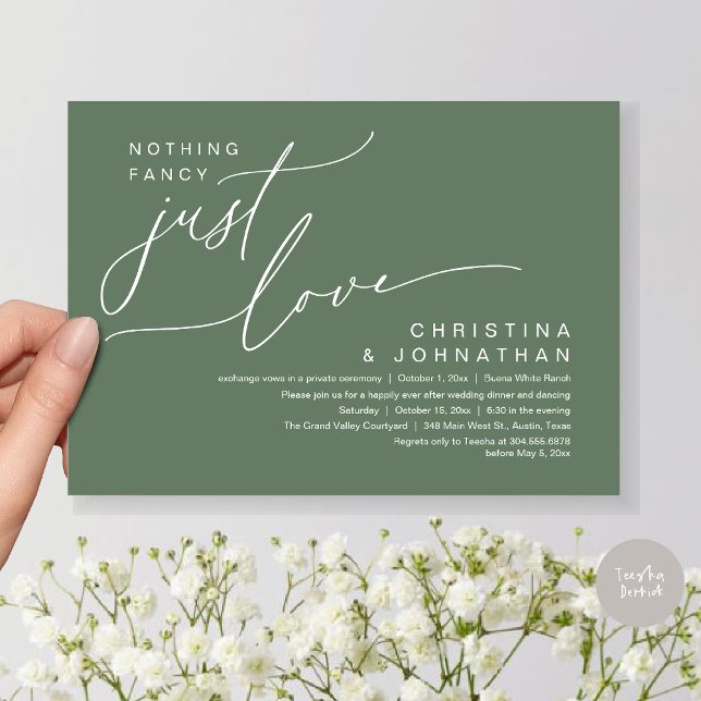 Inget Finare precis Kärlek Bröllop-middagen Party Inbjudningar (Nothing Fancy Just Love Modern Romantic Wedding Dinner Lunch Brunch Party Invites Card Sage Green)