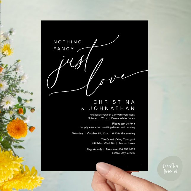 Inget Finare precis Kärlek Bröllop-middagen Party Inbjudningar (Nothing Fancy Just Love Modern Romantic Wedding Dinner Lunch Brunch Party Invites Card Classy Black)