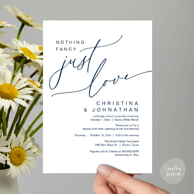 Inget Finare precis Kärlek Bröllop-middagen Party Inbjudningar (Nothing Fancy Just Love Modern Romantic Wedding Dinner Lunch Brunch Party Invites Card Navy Blue)