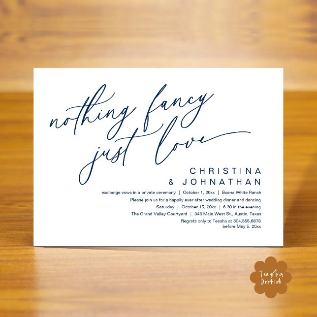 Inget Finare precis Kärlek Bröllop-middagen Party Inbjudningar (Nothing Fancy Just Love Modern Romantic Wedding Dinner Party Invitation Card PDF Navy Blue)