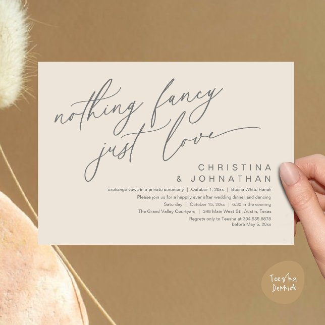 Inget Finare precis Kärlek Bröllop-middagen Party Inbjudningar (Nothing Fancy Just Love Modern Romantic Wedding Dinner Party Invitation Card PDF Cream Grey)