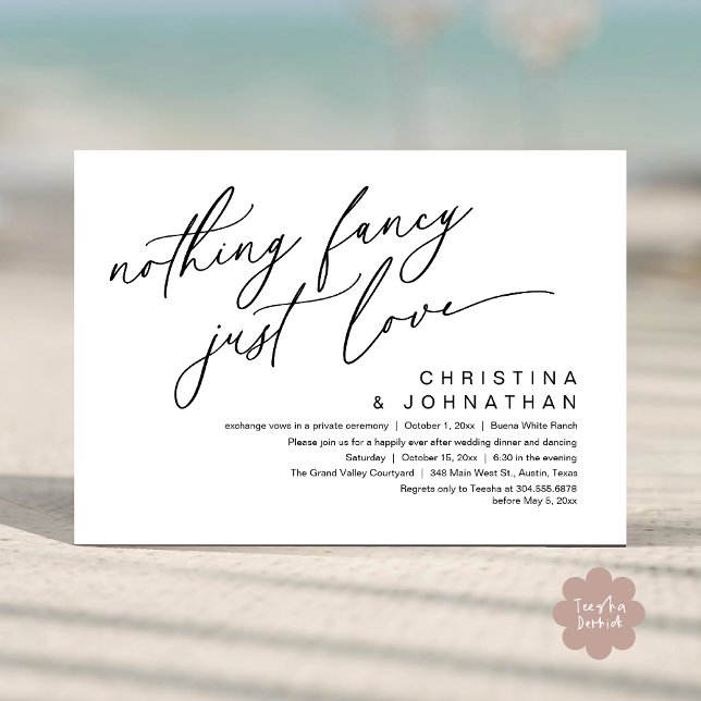 Inget Finare precis Kärlek Bröllop-middagen Party Inbjudningar (Nothing Fancy Just Love Modern Romantic Wedding Dinner Party Invitation Card PDF Black White )
