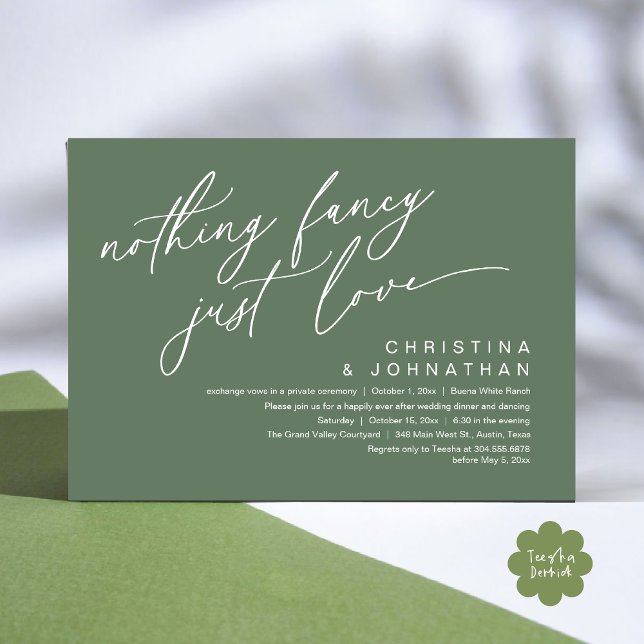 Inget Finare precis Kärlek Bröllop-middagen Party Inbjudningar (Nothing Fancy Just Love Modern Romantic Wedding Dinner Party Invitation Card PDF Sage Green)