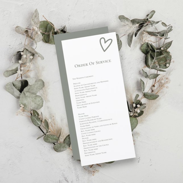 Inget Finare-serviceorder Bröllop-kort Inbjudningar (Nothing Fancy Order of Service Wedding Cards from Ricaso.  Sage green and white love heart detail)