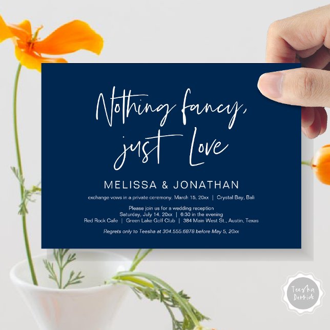 Inget Finjust, Bara Kärlek, Bröllopsfest för Elope Inbjudningar (Nothing Fancy Just Love, Wedding Elopement Dinner Party Invitation Card, PDF, Modern, Navy Blue)