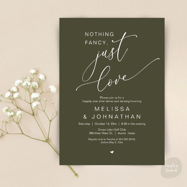 Inget fint, bara kärlek, bröllopsdanskväll inbjudningar (Nothing Fancy, Just Love, Romantic Wedding Dinner Dancing Invitation Card, PDF, in Olive Green)