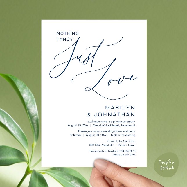 Inget fint, bara kärlek, bröllopsflyktmiddag inbjudningar (Nothing Fancy, Just Love, Wedding Elopement Dinner Brunch Lunch Party Invites Card PDF, Navy Blue)