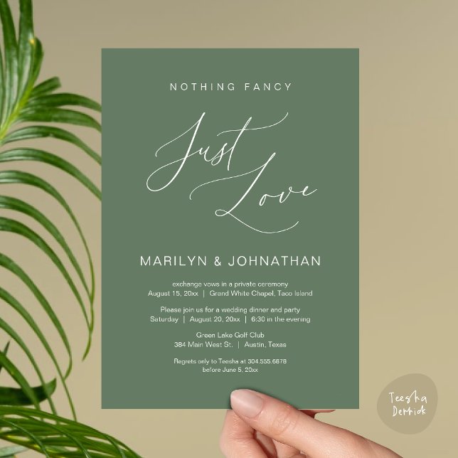 Inget fint, bara kärlek, bröllopsflyktmiddag inbjudningar (Nothing Fancy, Just Love, Wedding Elopement Dinner Brunch Lunch Party Invites Card PDF, Sage Green)