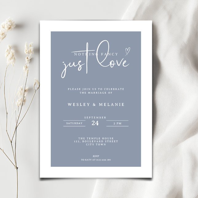 Inget fint bara kärlek dammblå elegant bröllop inbjudningar (Nothing fancy just love minimalist wedding invitation in dusty blue color)