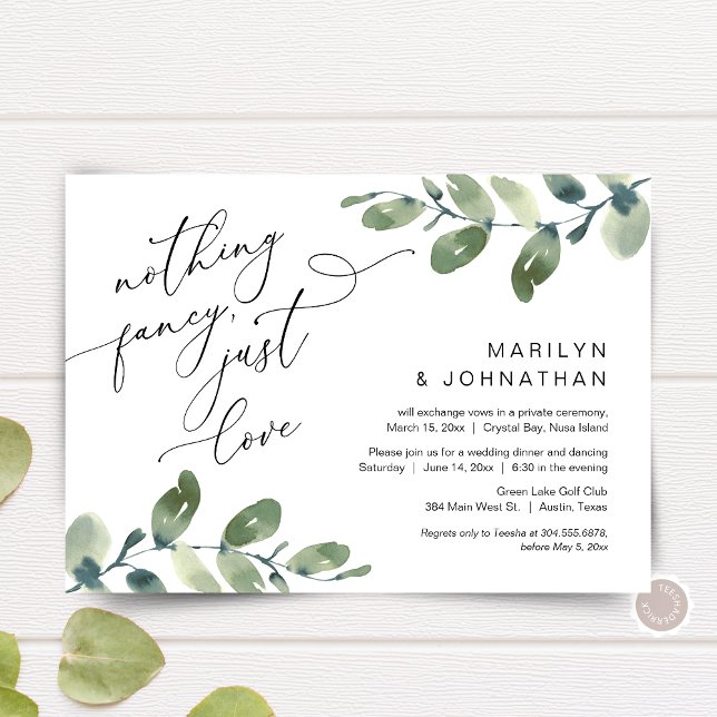 Inget fint, bara kärlek Elopement Middag Grönska Inbjudningar (Nothing Fancy, Just Love, post Wedding Elopement Dinner Invitation, in Eucalyptus Greenery themed)