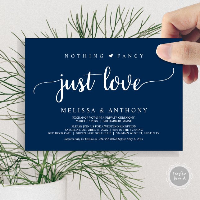 Inget fint bara kärlek, Marinblå, vigsel Invi Inbjudningar (Nothing Fancy Just Love, Elopement, Rustic Wedding Invitation Card, in Navy Blue)