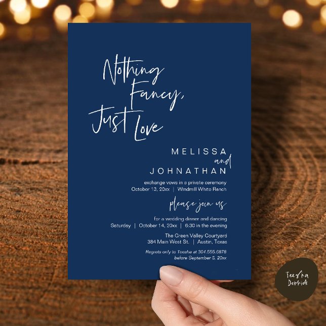 Inget fint bara kärlek, Modern bröllopsfest Inbjudningar (Nothing Fancy Just Love, Modern Wedding Reception Dinner Lunch Brunch Invites Card Navy Blue)