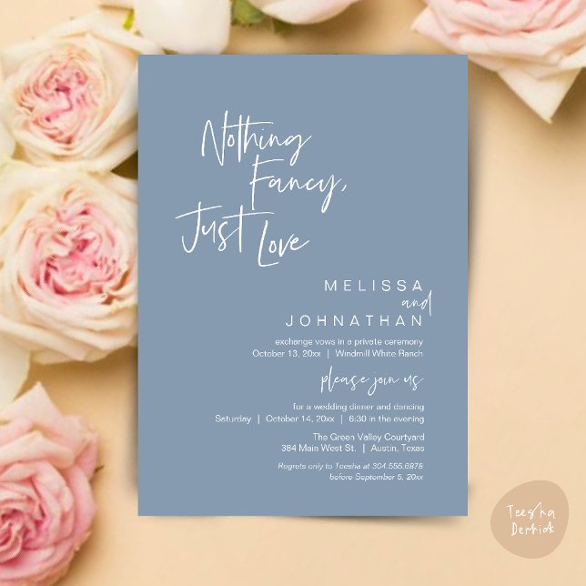 Inget fint bara kärlek, Modern Bröllopsfest Inbjudningar (Nothing Fancy Just Love, Modern Wedding Reception Dinner Lunch Brunch Invites Card in Dusty Blue)