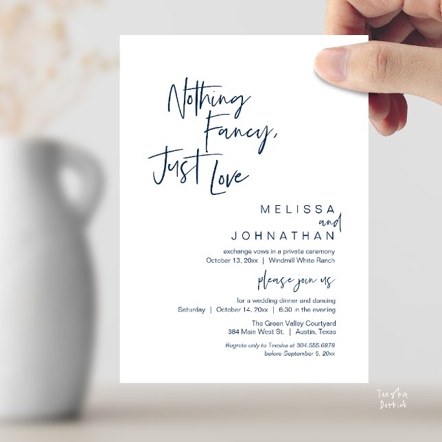 Inget fint bara kärlek, Modern Bröllopsfest Inbjudningar (Nothing Fancy Just Love, Modern Wedding Reception Dinner Lunch Brunch Invites Card Navy Blue)