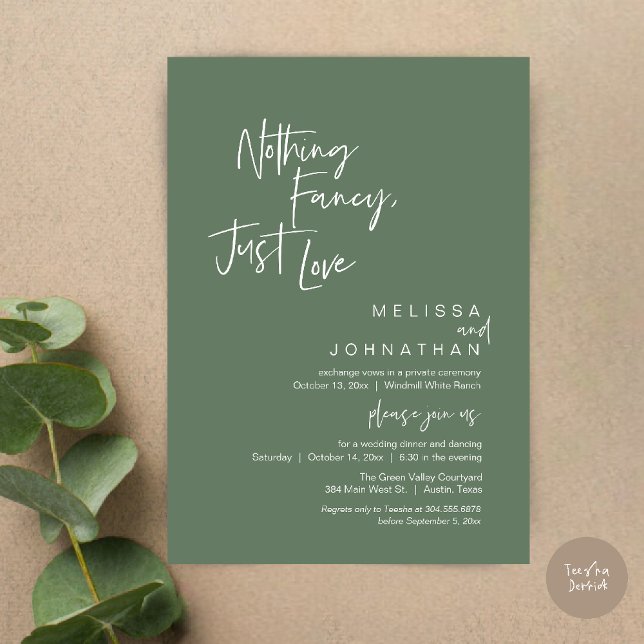 Inget fint bara kärlek, Modern bröllopsmiddag Inbjudningar (Nothing Fancy Just Love, Modern Wedding Reception Dinner Lunch Brunch Invites Card in Sage Green)