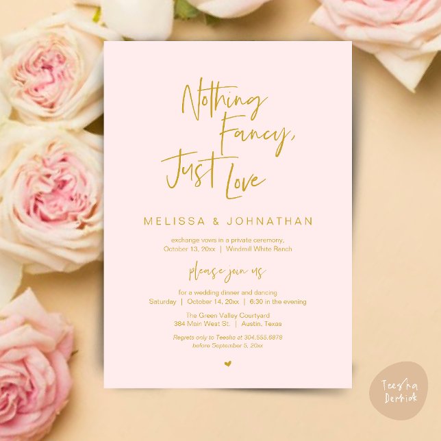 Inget fint, bara kärlek, Modern bröllopsmiddag Inbjudningar (Nothing Fancy Just Love, Modern Wedding Reception Dinner Lunch Brunch Invites Card Yellow Gold Blush)