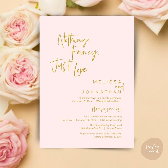 Inget fint bara kärlek, modern bröllopsmiddag inbjudningar (Nothing Fancy Just Love, Modern Wedding Reception Dinner Lunch Brunch Invites Card Yellow Gold Blush)