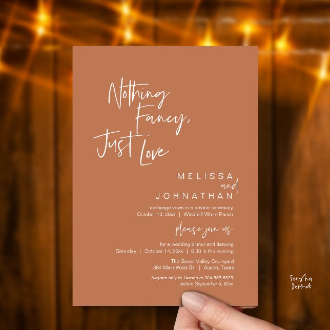 Inget fint bara kärlek, Modern bröllopsmiddag Inbjudningar (Nothing Fancy Just Love, Modern Wedding Reception Dinner Lunch Brunch Invites Card in Copper Brown)