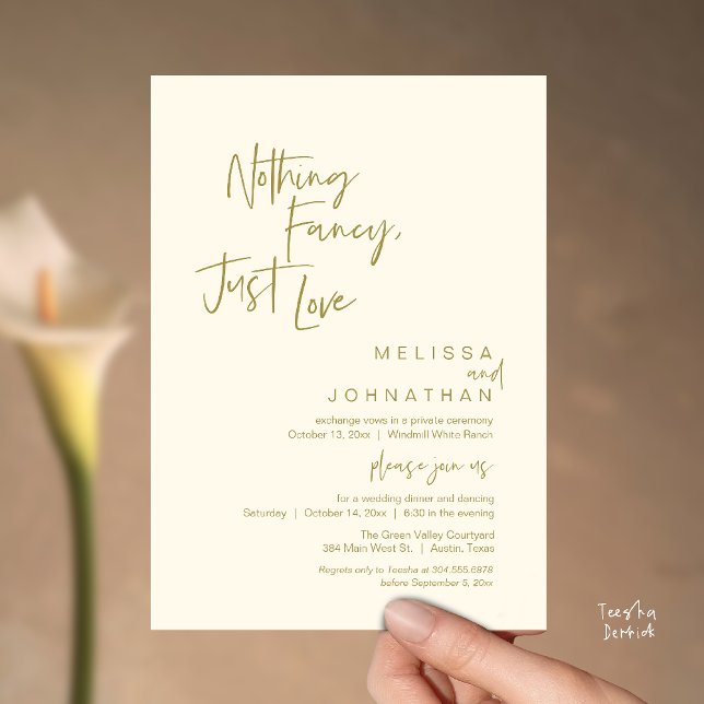 Inget fint bara kärlek, Modern bröllopsmiddag Inbjudningar (Nothing Fancy Just Love, Modern Wedding Reception Dinner Lunch Brunch Invites Card in Yellow Gold)