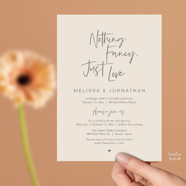 Inget fint, bara kärlek, Modern bröllopsmiddag Inbjudningar (Nothing Fancy Just Love, Modern Wedding Reception Dinner Lunch Brunch Invites Card in Cream Grey)
