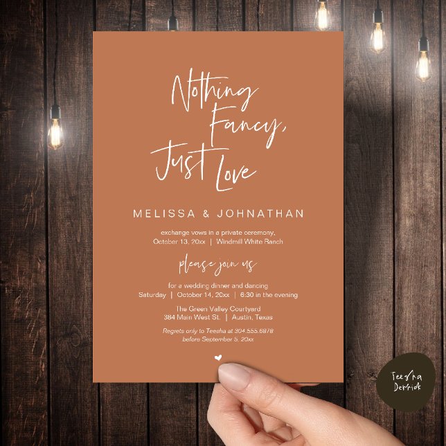 Inget fint, bara kärlek, Modern bröllopsmiddag Inbjudningar (Nothing Fancy Just Love, Modern Wedding Reception Dinner Lunch Brunch Invites Card in Terracotta)