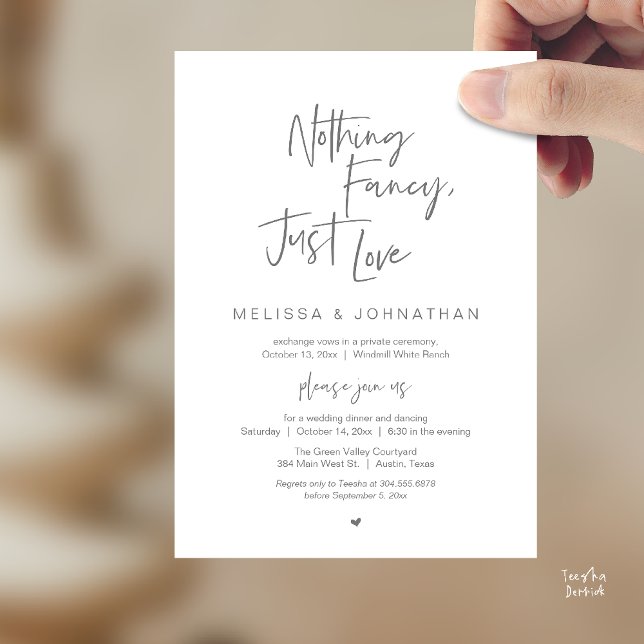 Inget fint, bara kärlek, Modern bröllopsmiddag Inbjudningar (Nothing Fancy Just Love, Modern Wedding Reception Dinner Lunch Brunch Invites Card in Dark Grey)