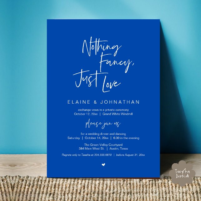 Inget fint bara kärlek Modern minimalistisk avslap Inbjudningar (Nothing Fancy Just Love Modern Minimalist Casual Wedding Dinner Invitation Card in Cobalt Blue Ivory)