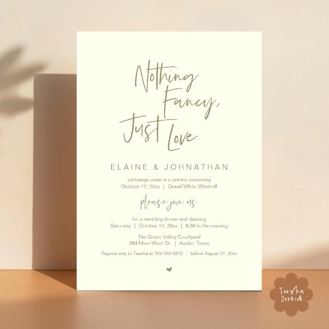 Inget fint bara kärlek Modern minimalistisk avslap Inbjudningar (Nothing Fancy Just Love Modern Minimalist Casual Wedding Dinner Invitation Card in Sage ivoty)