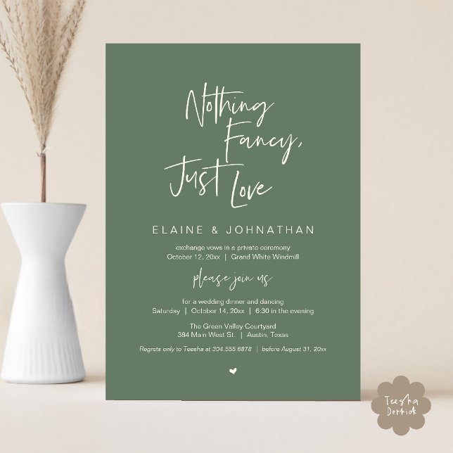 Inget fint bara kärlek Modern minimalistisk avslap Inbjudningar (Nothing Fancy Just Love Modern Minimalist Casual Wedding Dinner Invitation Card in Sage Green)