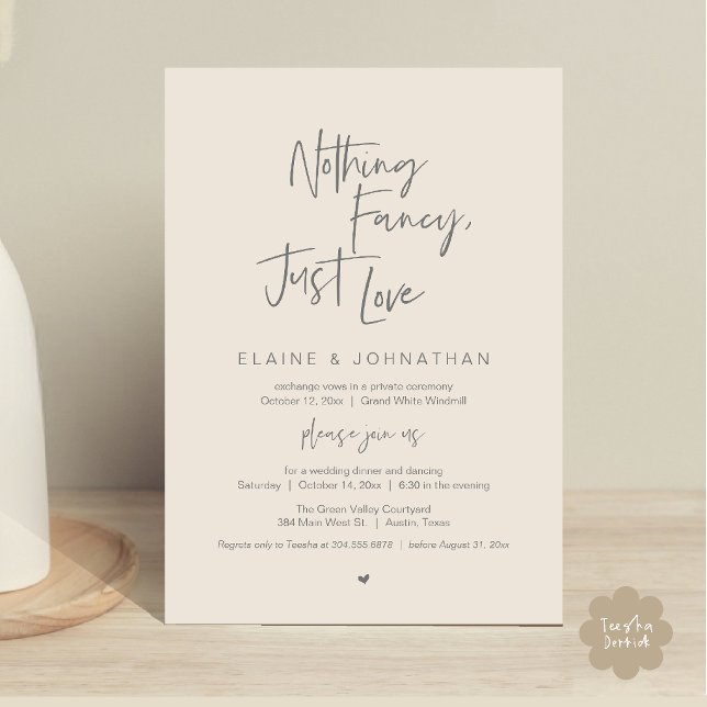 Inget fint bara kärlek Modern minimalistisk avslap Inbjudningar (Nothing Fancy Just Love Modern Minimalist Casual Wedding Dinner Invitation Card in Cream Grey)