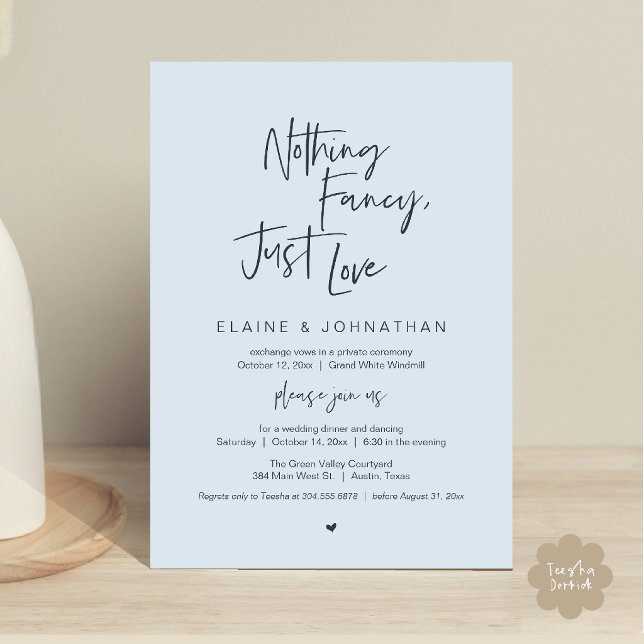 Inget fint bara kärlek Modern minimalistisk avslap Inbjudningar (Nothing Fancy Just Love Modern Minimalist Casual Wedding Dinner Invitation Card in Misty Blue)