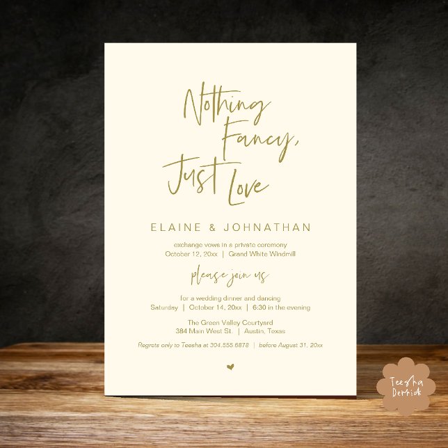 Inget fint bara kärlek Modern minimalistisk avslap Inbjudningar (Nothing Fancy Just Love Modern Minimalist Casual Wedding Dinner Invitation Card in Gold Yellow Cream)