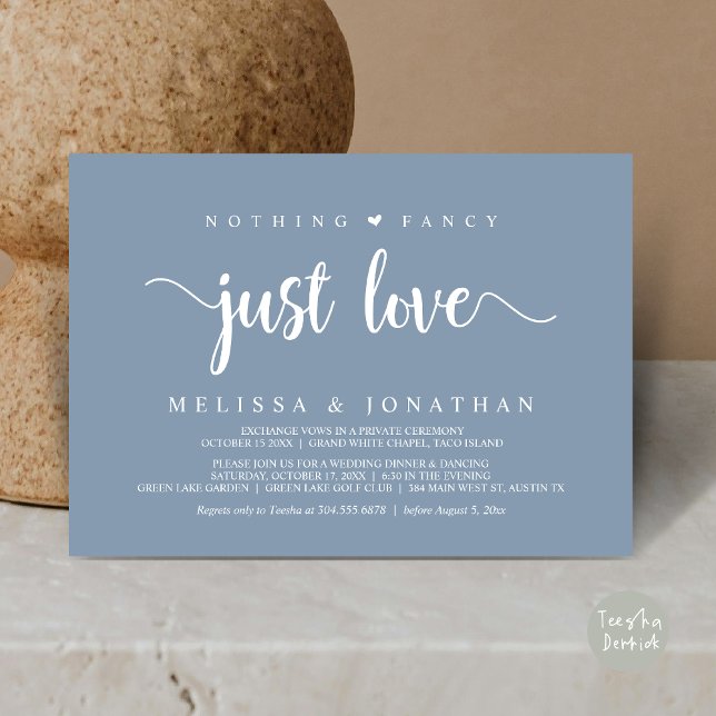 Inget fint bara kärlek, Modern vigsel för ett bröl Inbjudningar (Nothing Fancy Just Love, Modern Rustic Wedding Elopement Dinner Invitation Card, PDF, Dusty Blue)