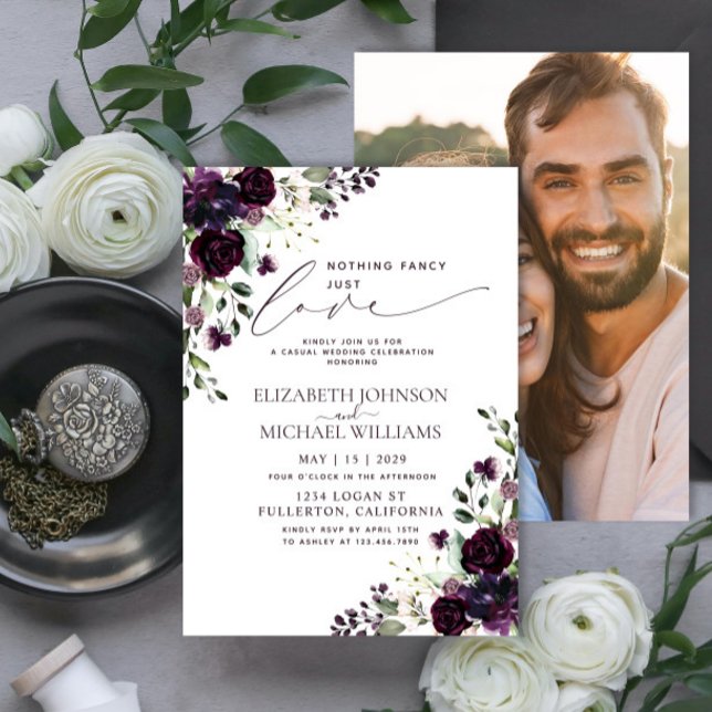 Inget fint bara kärlek plommon lila avslappnad fot inbjudningar (Skapare uppladdad)