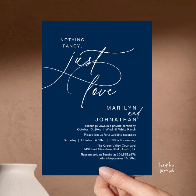 Inget fint, bara kärlek, Romantisk bröllopsmiddag Inbjudningar (Nothing Fancy, Just Love, Modern Romantic Wedding Reception Dinner Invitation Card in Navy Blue)