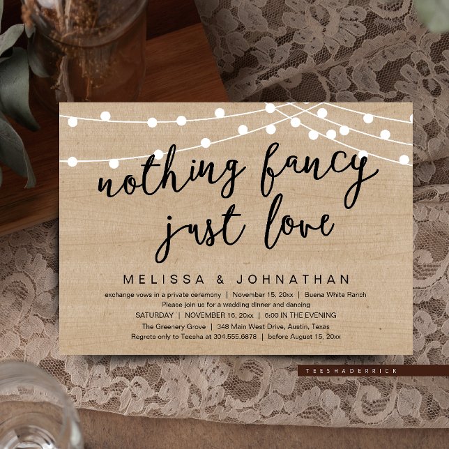 Inget fint bara kärlek rustic strängljus inbjudningar (Nothing Fancy Just Love Rustic String Lights Invitation Card in Cottage Burlap brown wood)