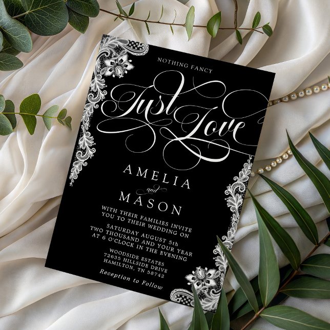 Inget fint bara kärlek svart spets bröllop inbjudningar (Nothing Fancy Just Love Black Lace Wedding Invitation)