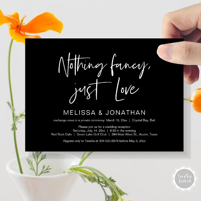 Inget fncy' bara kärlek, bröllopsfest för älskande inbjudningar (Nothing Fancy Just Love, Wedding Elopement Dinner Party Invitation Card, PDF, Modern, Classy Black)