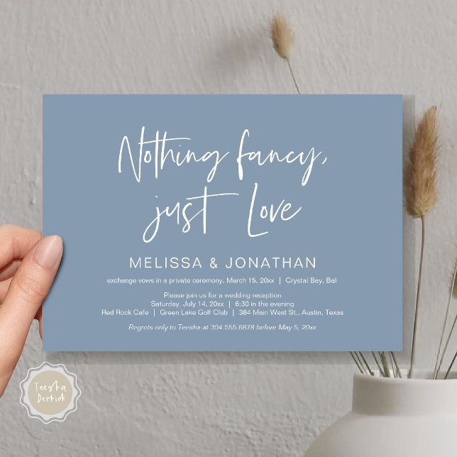 Inget Fncy' Bara Kärlek, Bröllopsfest för Elopemen Inbjudningar (Nothing Fancy Just Love, Wedding Elopement Dinner Party Invitation Card, PDF, Modern, Dusty Blue)