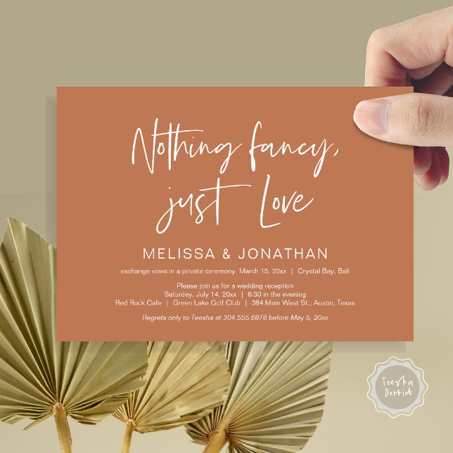 Inget Fncy' Bara Kärlek, Bröllopsfest för Elopemen Inbjudningar (Nothing Fancy Just Love, Wedding Elopement Dinner Party Invitation Card, PDF, Earthy, Copper, Rust)