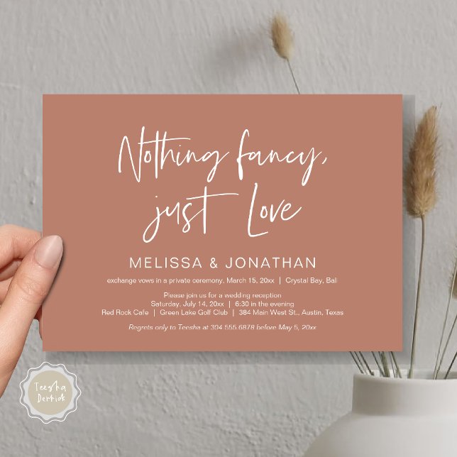 Inget Fncy' Bara Kärlek, Bröllopsfest Inbjudningar (Nothing Fancy Just Love, Wedding Elopement Dinner Party Invitation Card, PDF, Terracotta Earthy )