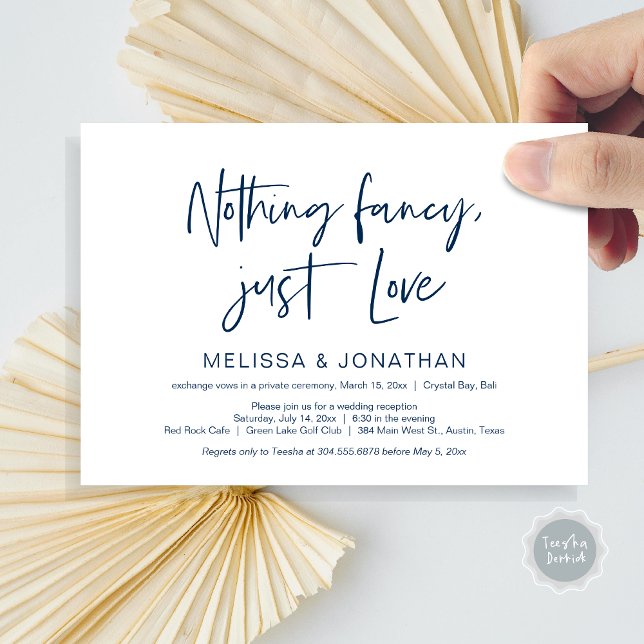 Inget fncy' bara kärlek, bröllopsfirande inbjudningar (Nothing Fancy Just Love, Wedding Elopement Dinner Party Invitation Card, PDF, Modern, Navy Blue)