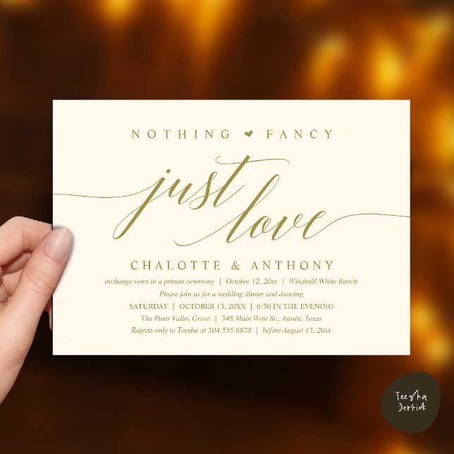 Inget märkvärdigt, bara kärlek, modern klassisk mo inbjudningar (Modern Classy Nothing Fancy, Just Love, Wedding Reception Dinner Invitation Card in Yellow Gold)