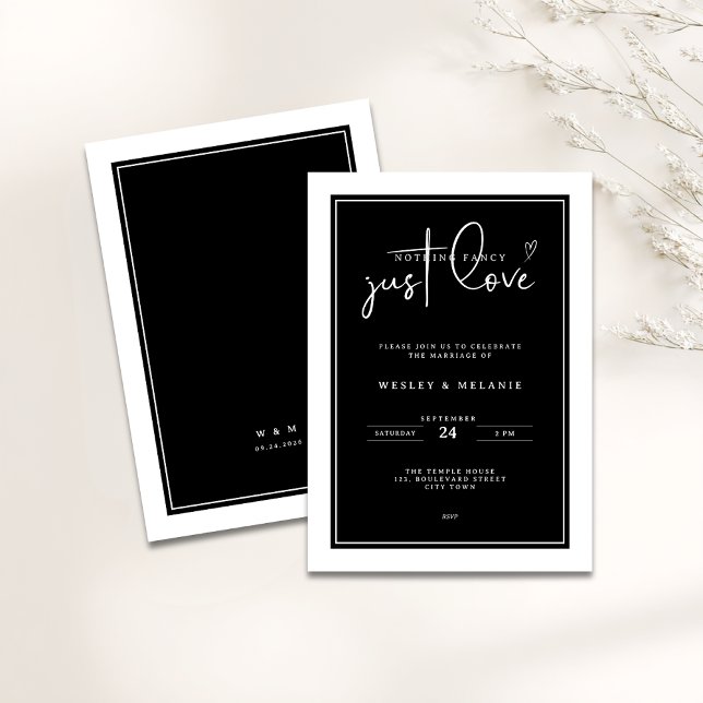 Inget märkvärdigt bara kärlek svart elegant bröllo inbjudningar (Nothing fancy just love minimalist wedding invitation in black and white colors)