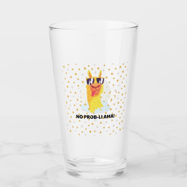 Inget-Prob-Llama Rolig Söt Llama med Stjärnor Glaskopp (Framsida)