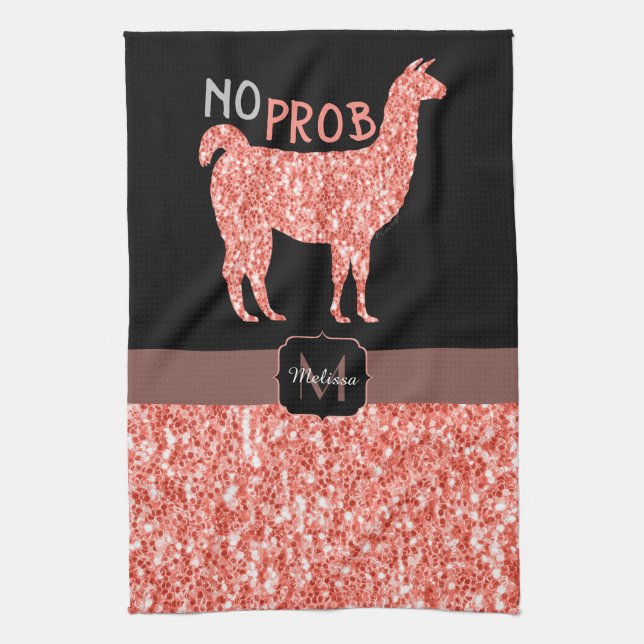 Inget Prob Llama rosa coral glitter Sparkles Monog Kökshandduk (Vertikal)