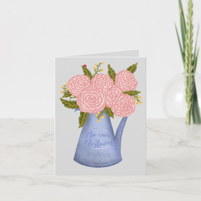 Inget regn inga blommor vattenkanna med blommor helgkort (Framsida)