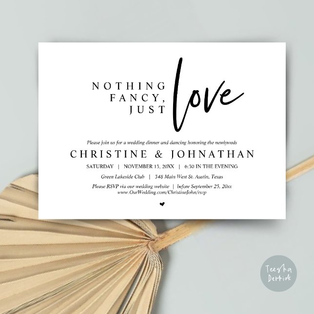 Inget Tjafs, Bara Kärlek, Bröllopsflyktmiddag Inbjudningar (Nothing Fancy, Just Love, Wedding Elopement Dinner Invitation Card, PDF, in Black and White)