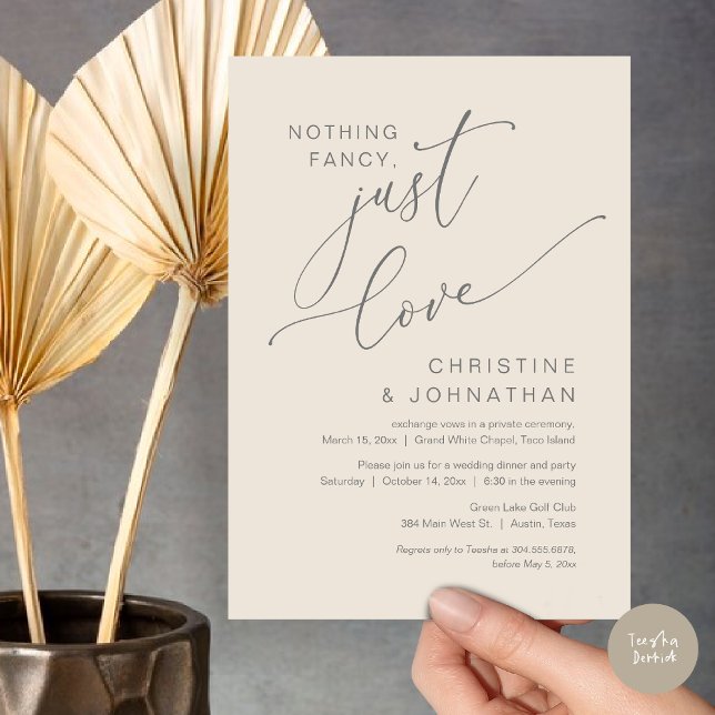 Inget Tjafs, Bara Kärlek, Bröllopsflyktmiddag Inbjudningar (Nothing Fancy Just Love Wedding Elopement Dinner Party Lunch Brunch Invitation Card, PDF, Grey Cream)